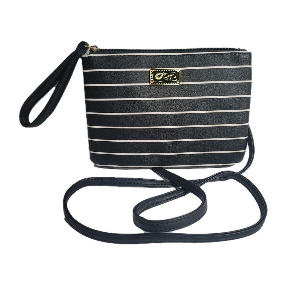 Betsey Johnson Black White Stripe Convertible Purse Wristlet Crossbody Luv Betsy